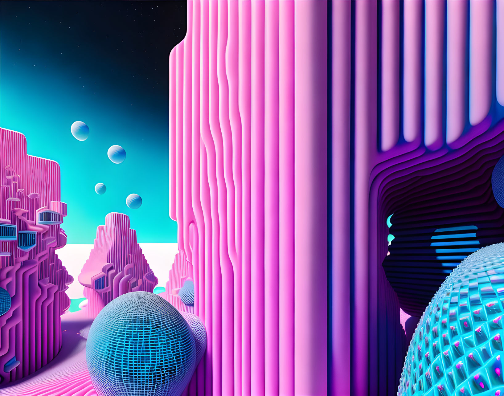 Colorful digital art landscape with neon pink structures, blue shapes, surreal sky.