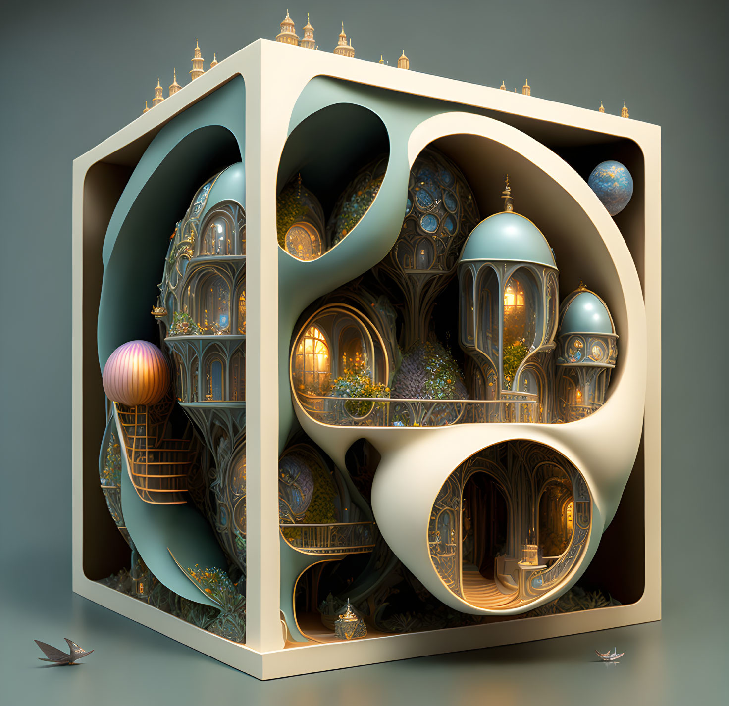 Intricate 3D Rendered Escher-Style Architectural Cube