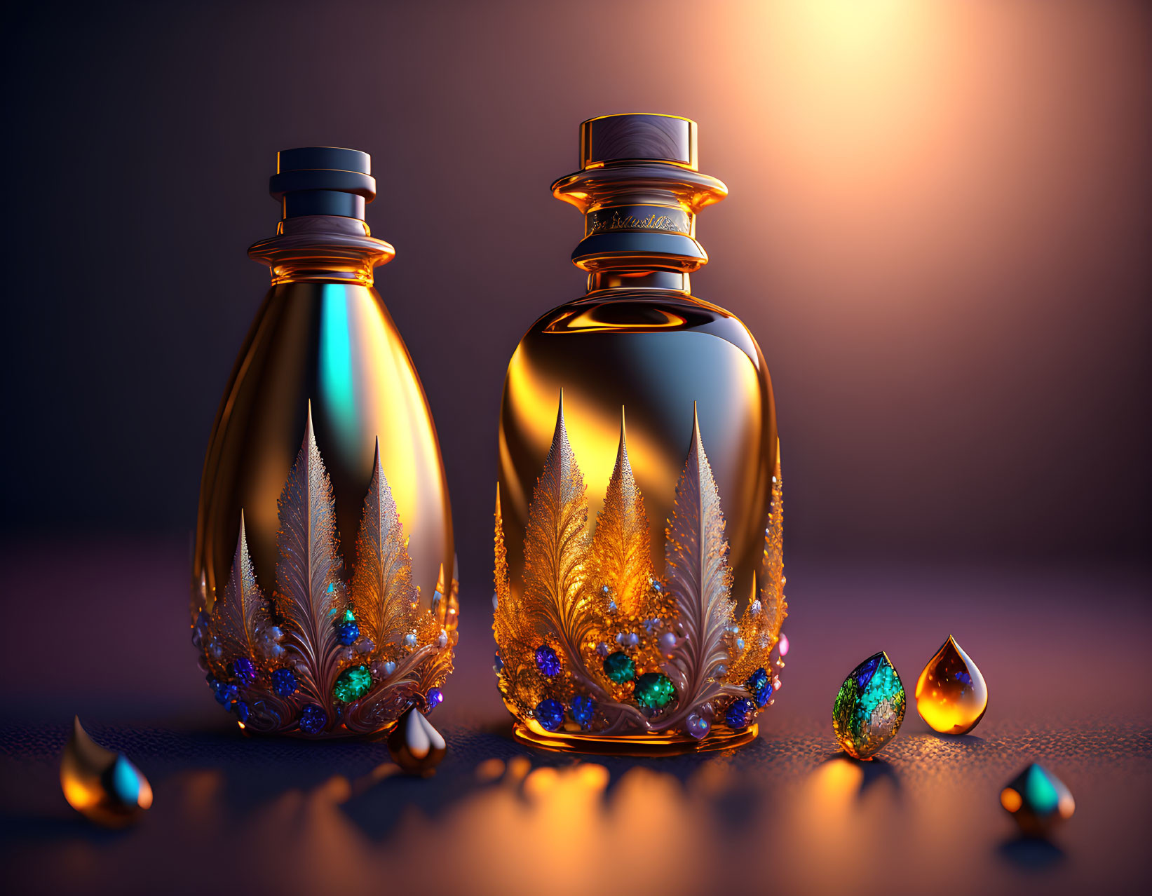 Ornate glass bottles with golden and turquoise accents on moody backdrop