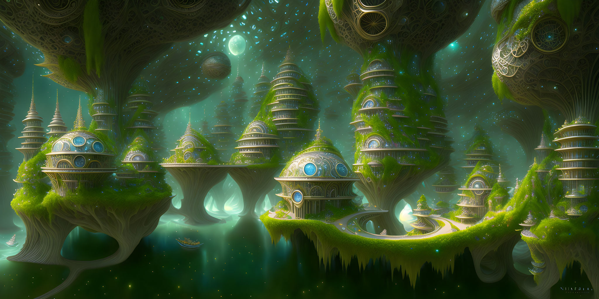 Elaborate green floating islands with celestial sky moons