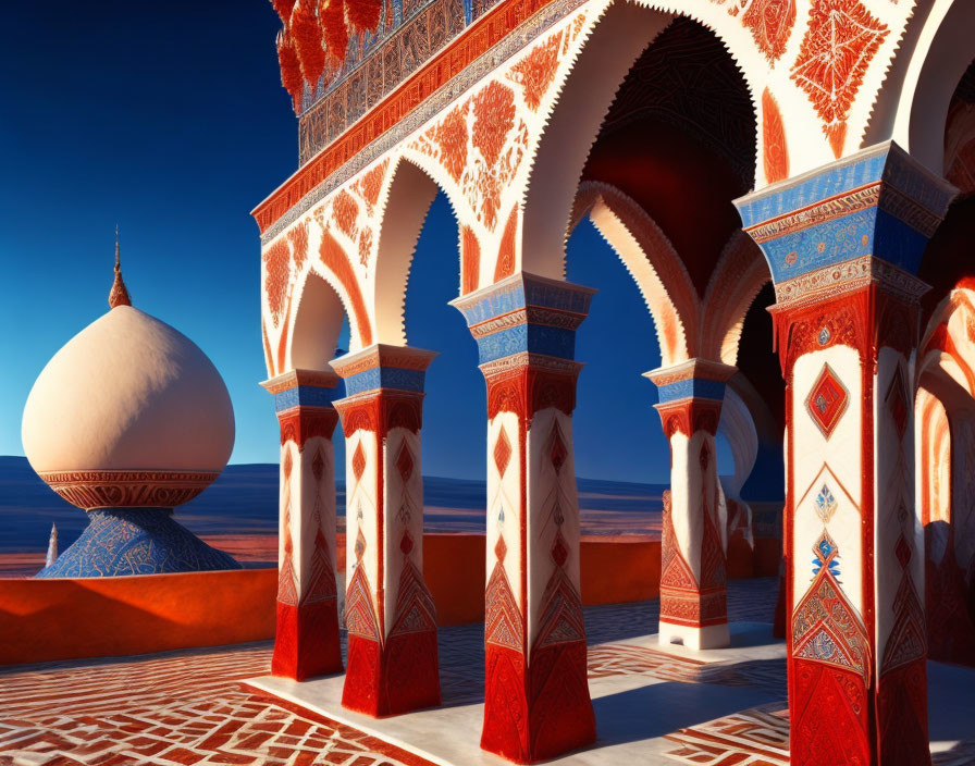 Intricate architectural columns and arches with white dome against blue sky