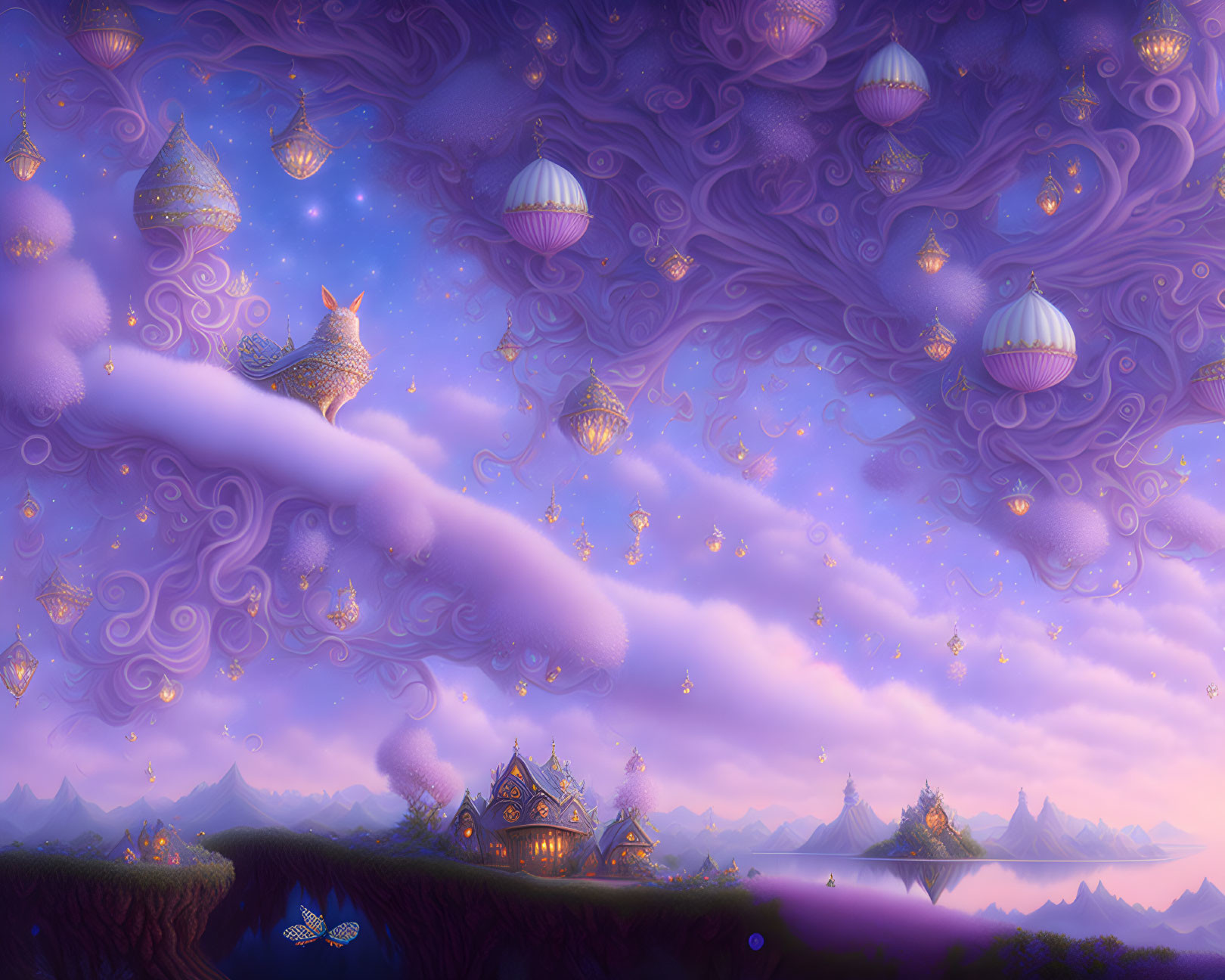 Fantastical landscape with floating lanterns and starry sky.