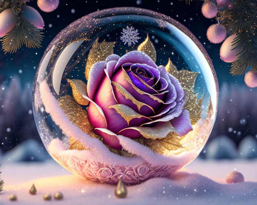 Purple and Pink Rose Snow Globe in Winter Setting