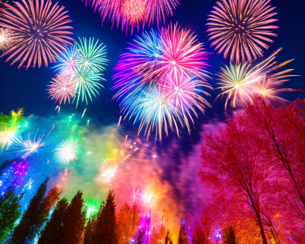 Colorful fireworks display illuminating night sky above silhouetted trees