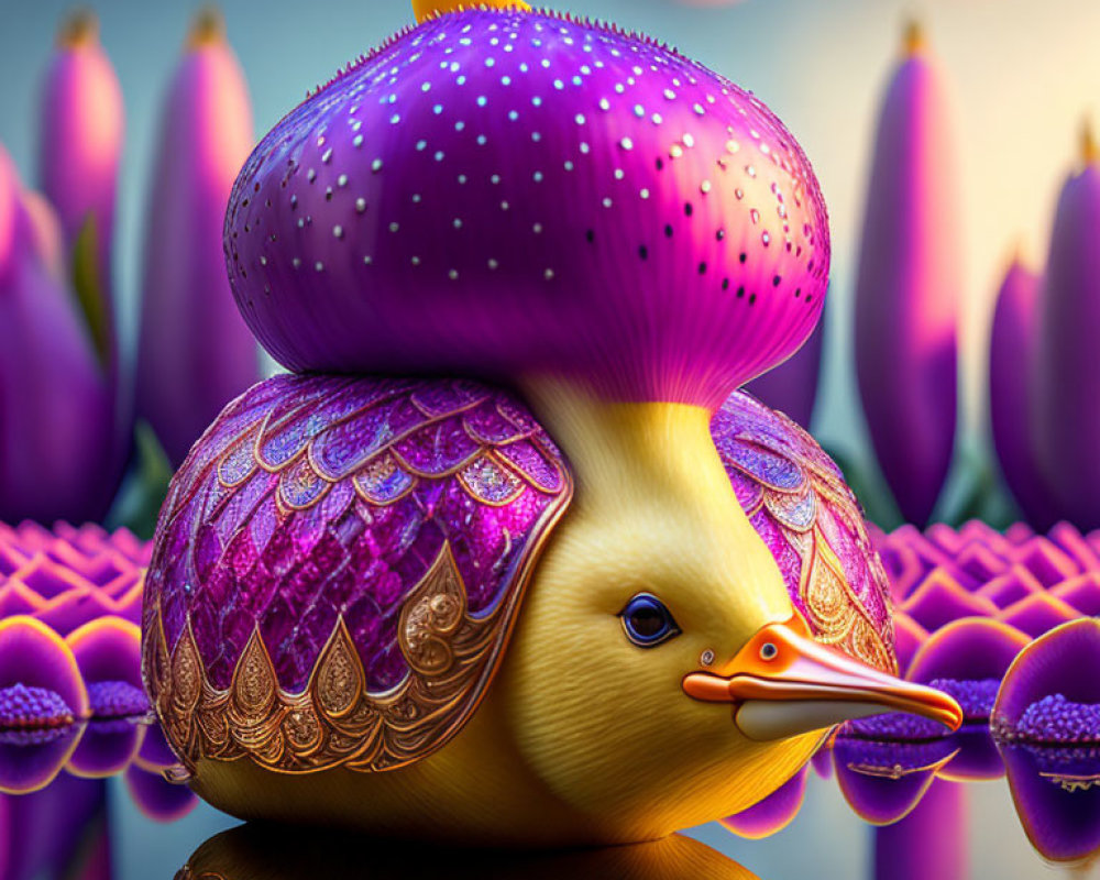 Colorful Duck Artwork with Purple and Gold Body in Pink and Purple Floral Environment