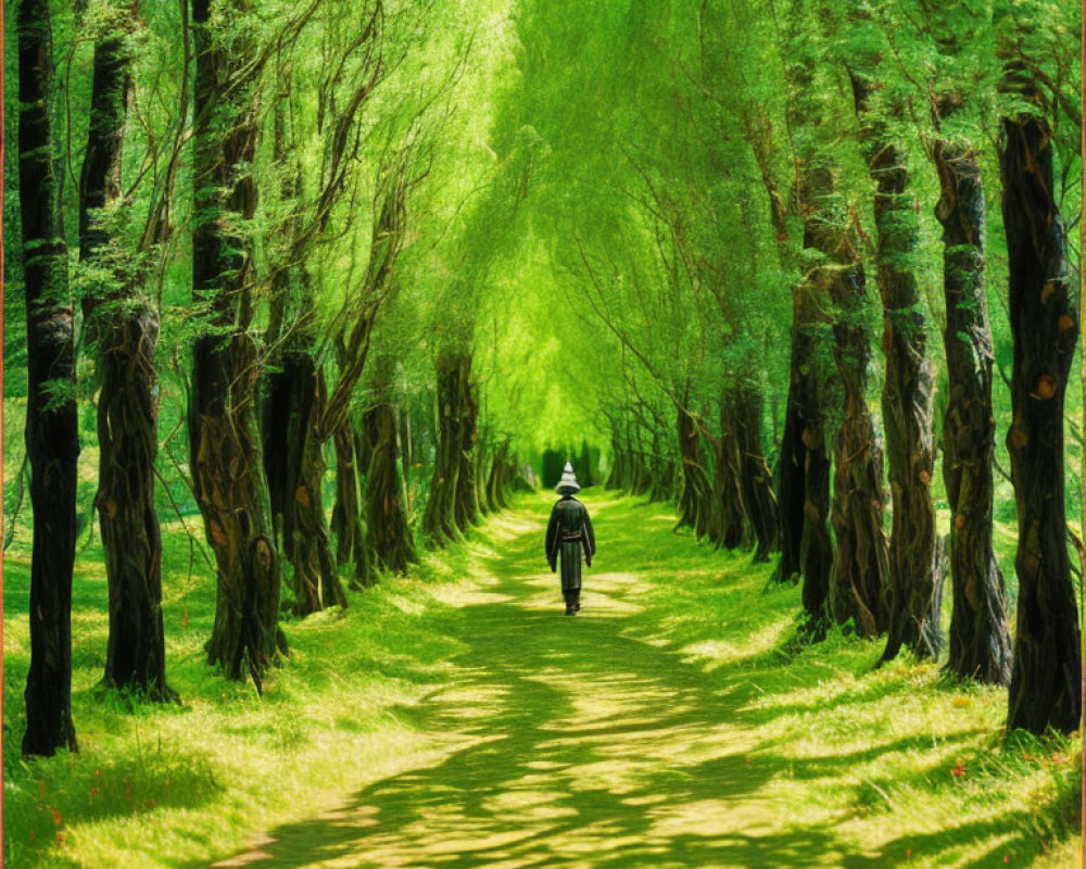 Serene tree-lined path with lush greenery and sunlight-dappled canopy