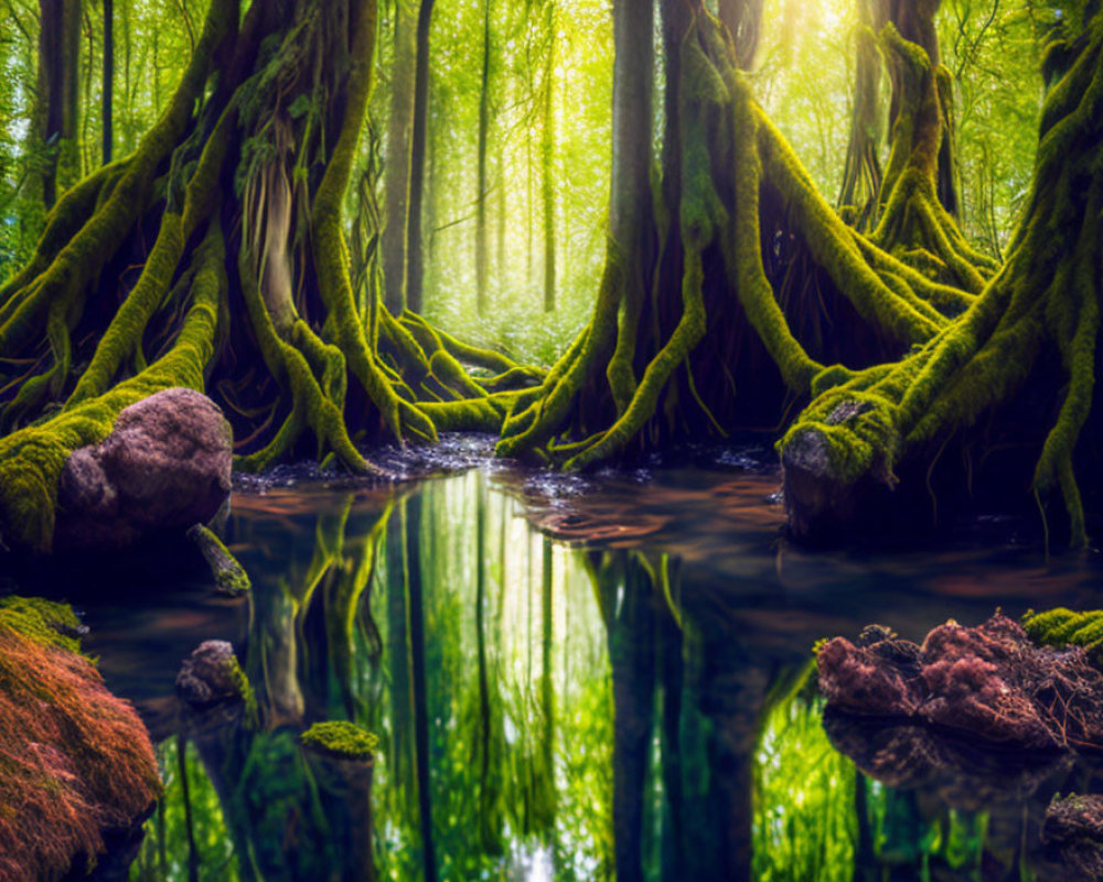 Tranquil forest scene with moss-covered tree roots and glassy stream