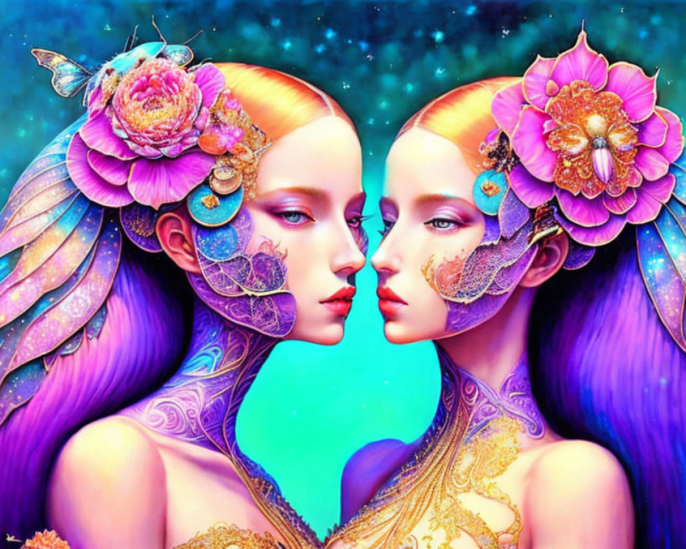 Mirrored female figures with purple hair and floral ornaments in celestial setting