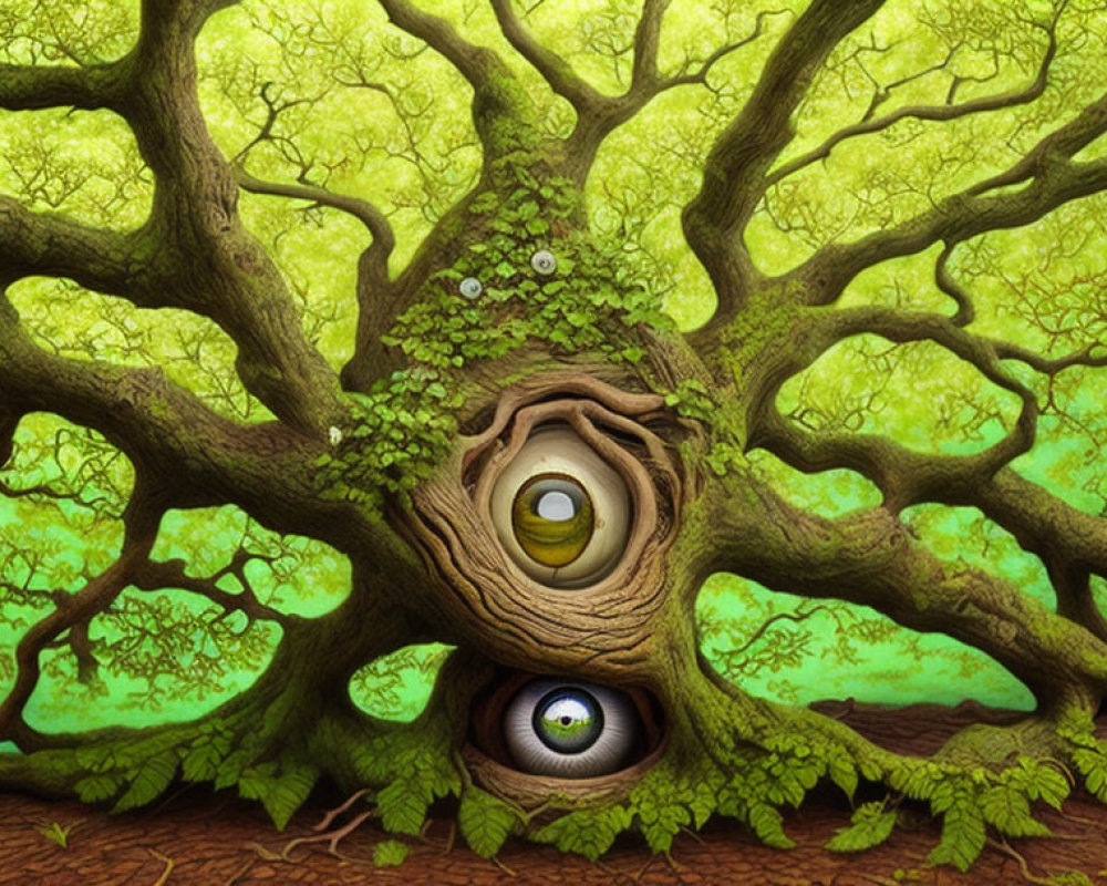 Illustration of large tree with human-like eye in trunk hollow and base, vibrant green foliage