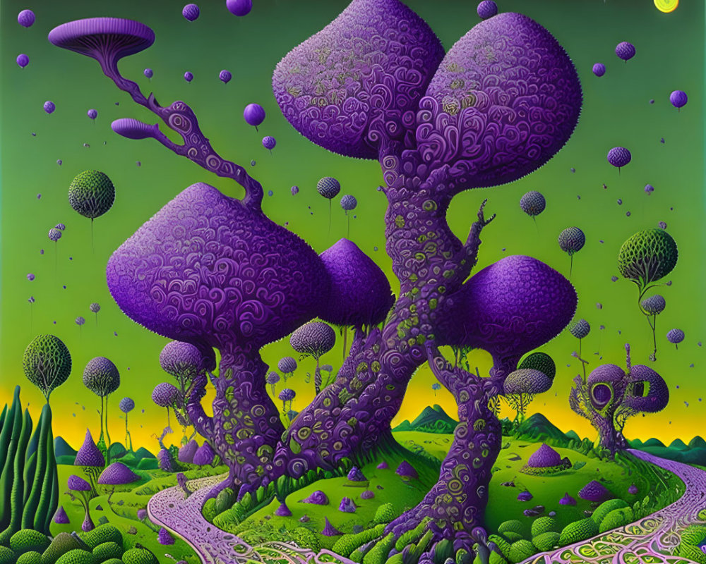 Surreal psychedelic landscape with purple mushrooms and floating orbs