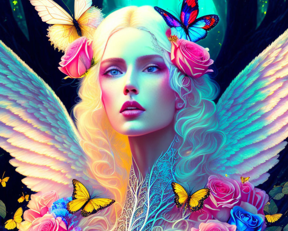 Fantasy image of winged woman with blond hair in a blue forest