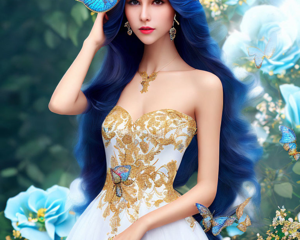 Fantastical woman with blue hair in gold-embellished dress among flowers