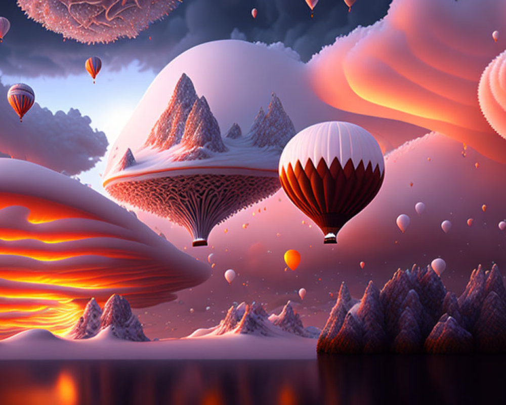 Surreal landscape with floating islands, hot air balloons, glowing mountains