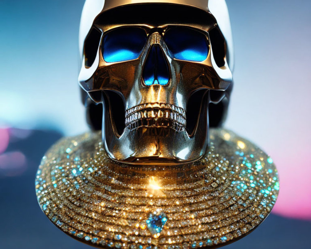 Polished Metallic Skull with Blue Gemstone Eyes and Crown on Sparkling Base