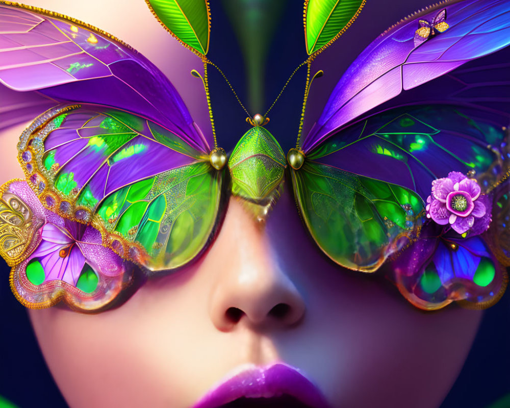 Colorful digital artwork: Woman in butterfly sunglasses, purple lips, ornate jewelry on dark background