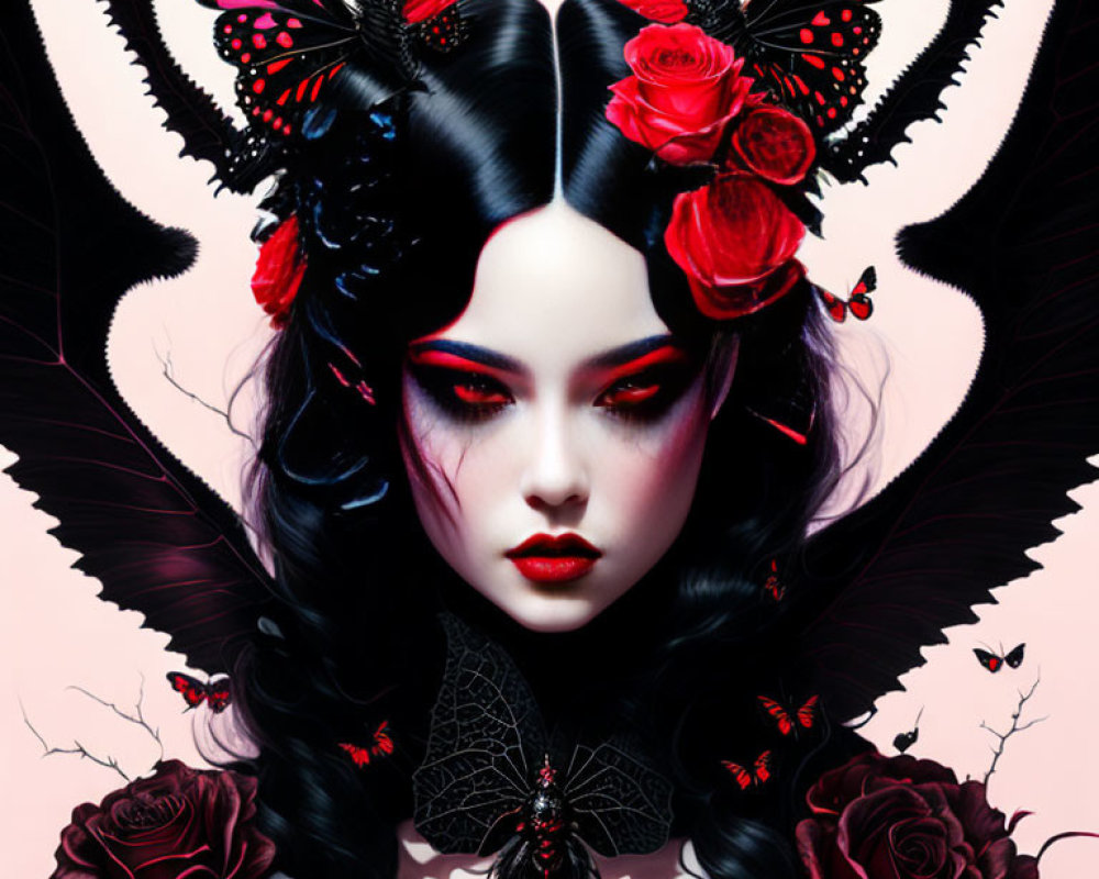 Gothic-inspired surreal portrait of pale woman with red and black makeup, roses, and butterfly motifs