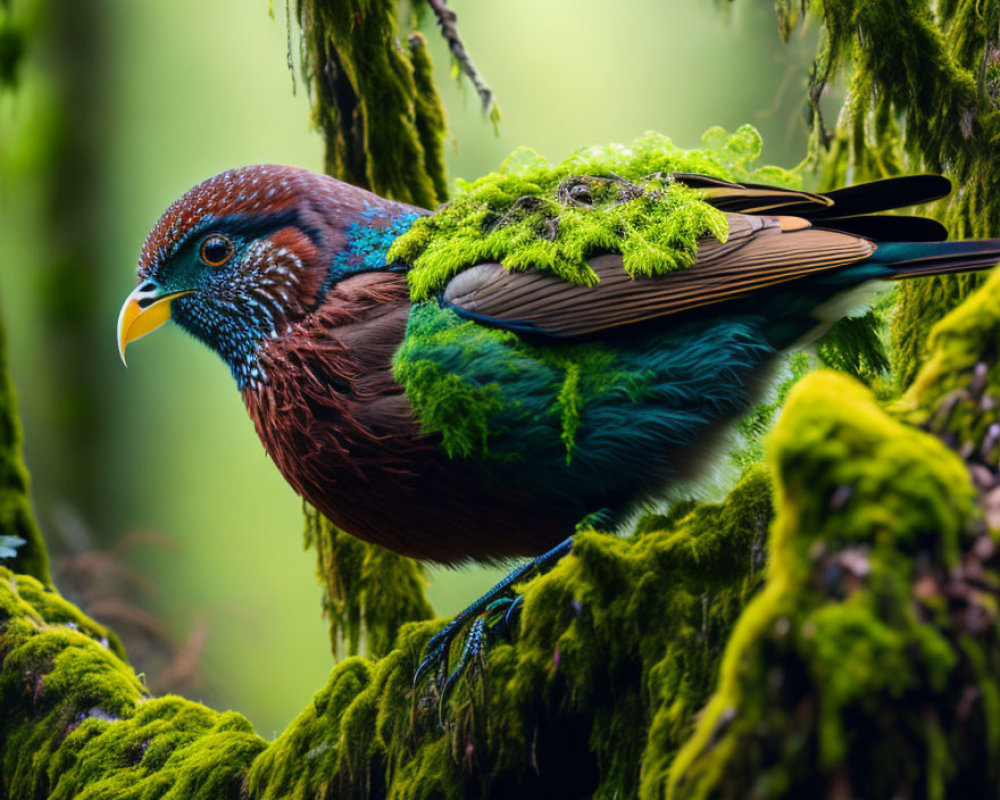 Colorful bird with blue and rust feathers on mossy branches in lush forest