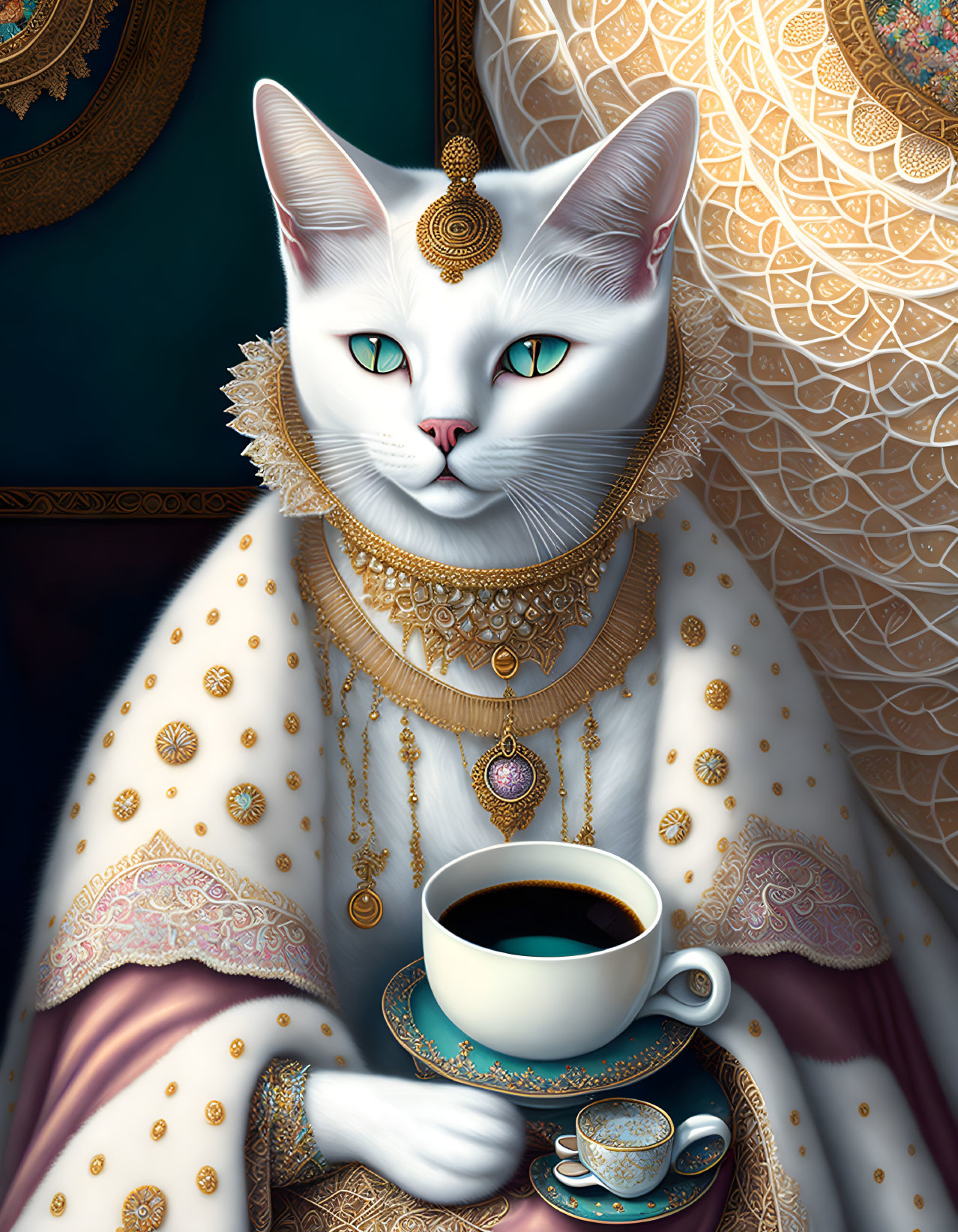 Regal white cat with green eyes adorned in golden jewelry poses elegantly with coffee cup