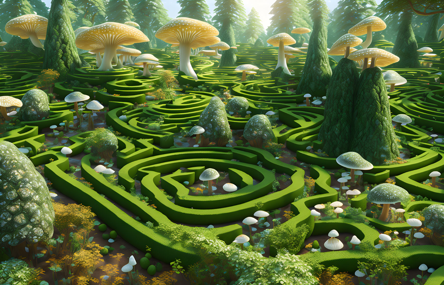 Lush Green Hedge Labyrinth with Whimsical Mushrooms