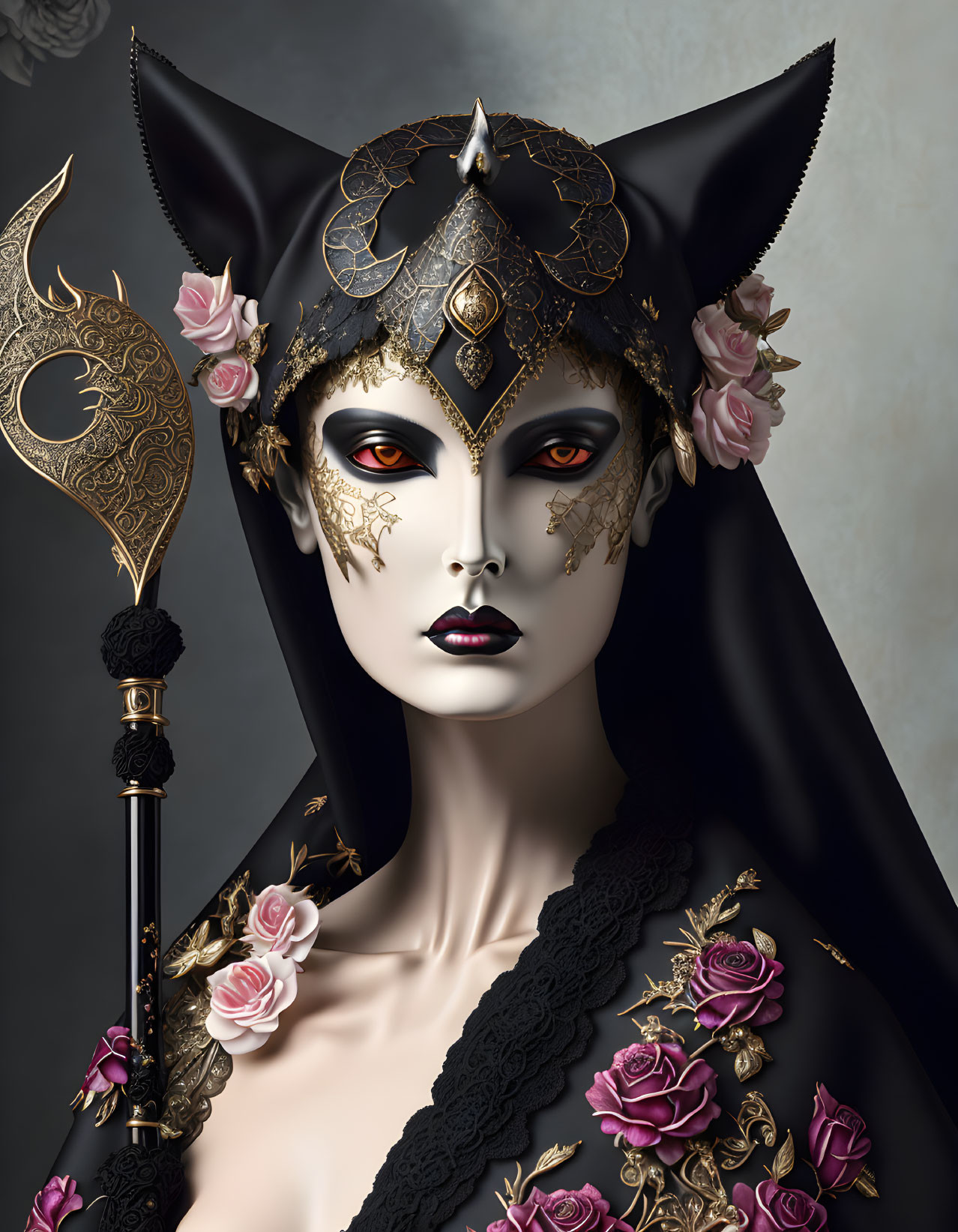 Woman in black and gold costume with headdress, red eyes, roses, holding scepter