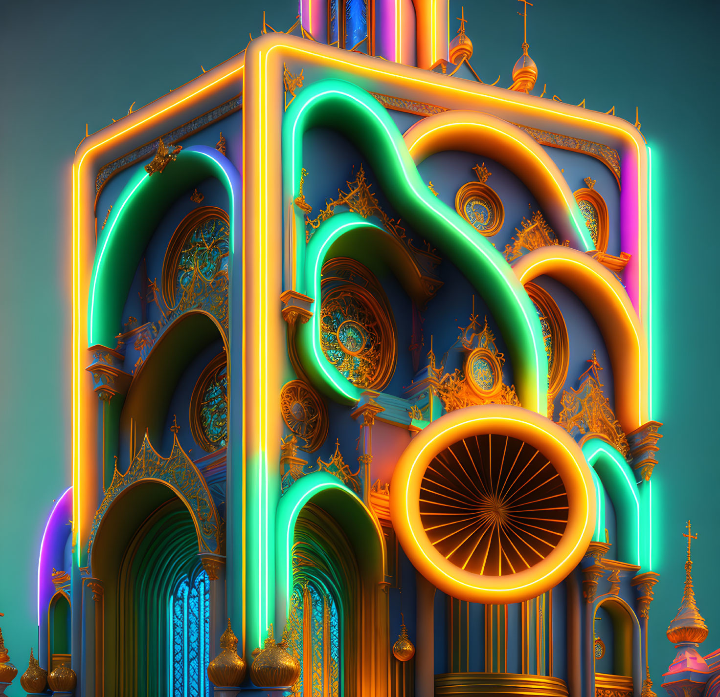 Neon-lit gothic cathedral art on teal background