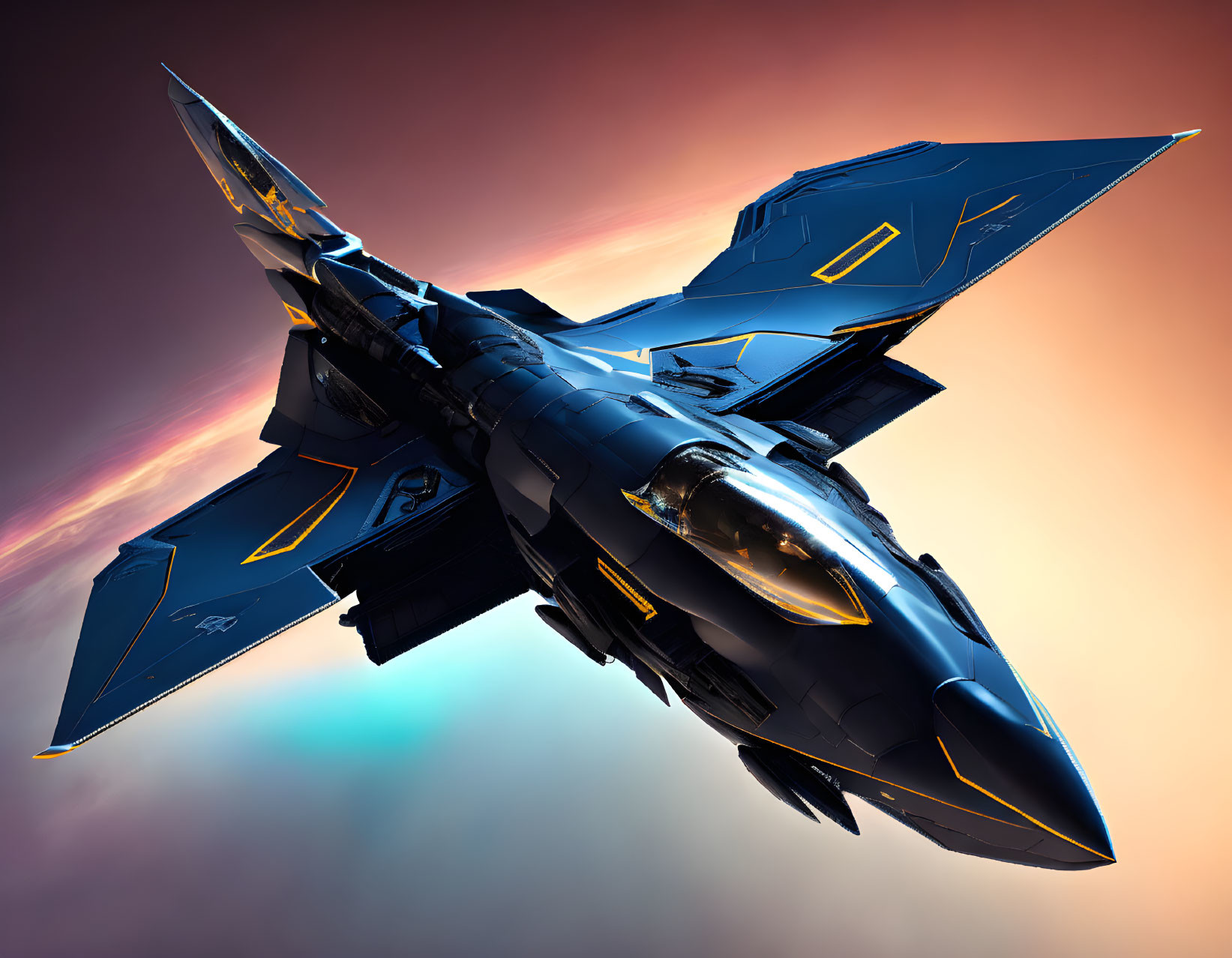 Futuristic jet with sharp angles and blue highlights on vibrant gradient background