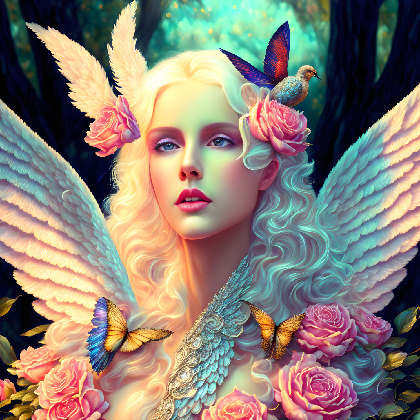 Fantasy portrait of a woman with angelic wings, butterflies, and roses