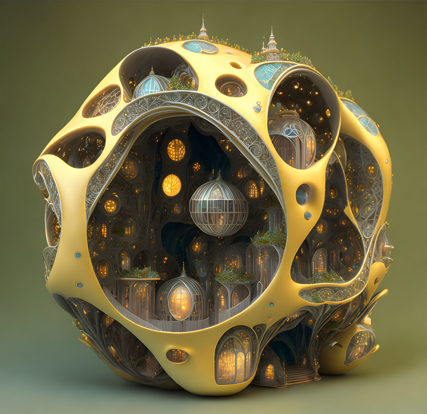 Intricate spherical structure with glowing orbs and detailed interiors.