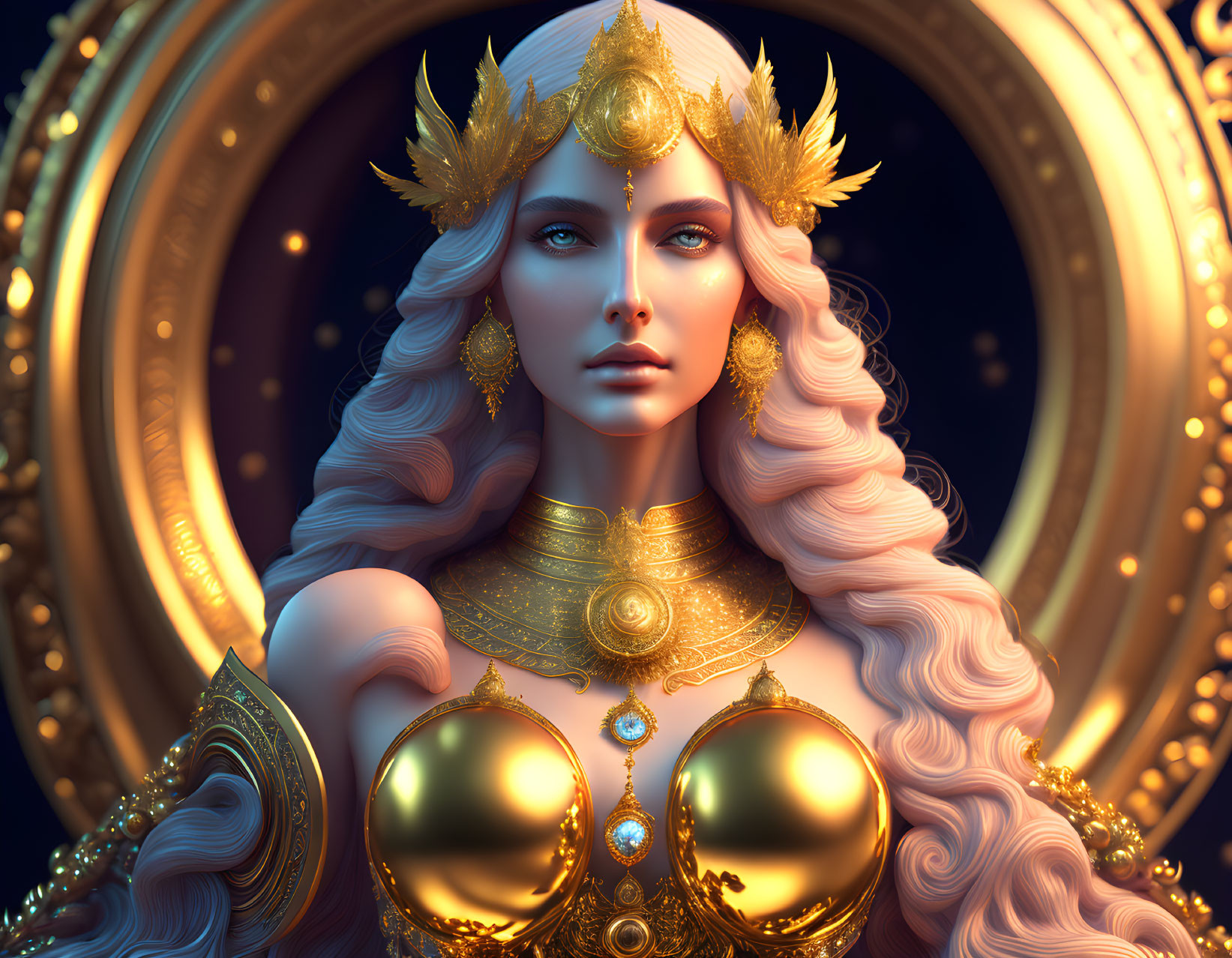 Fantasy digital artwork: Woman with long wavy hair and golden armor.