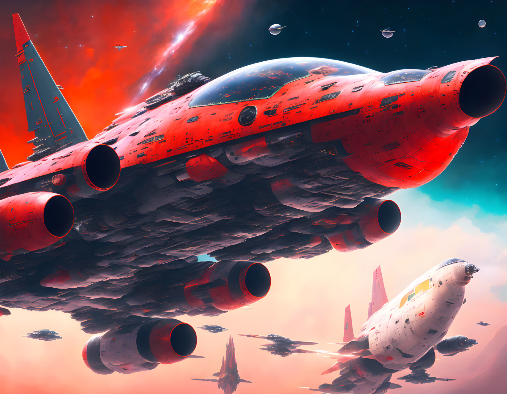 Futuristic spaceships in vibrant cosmic landscape