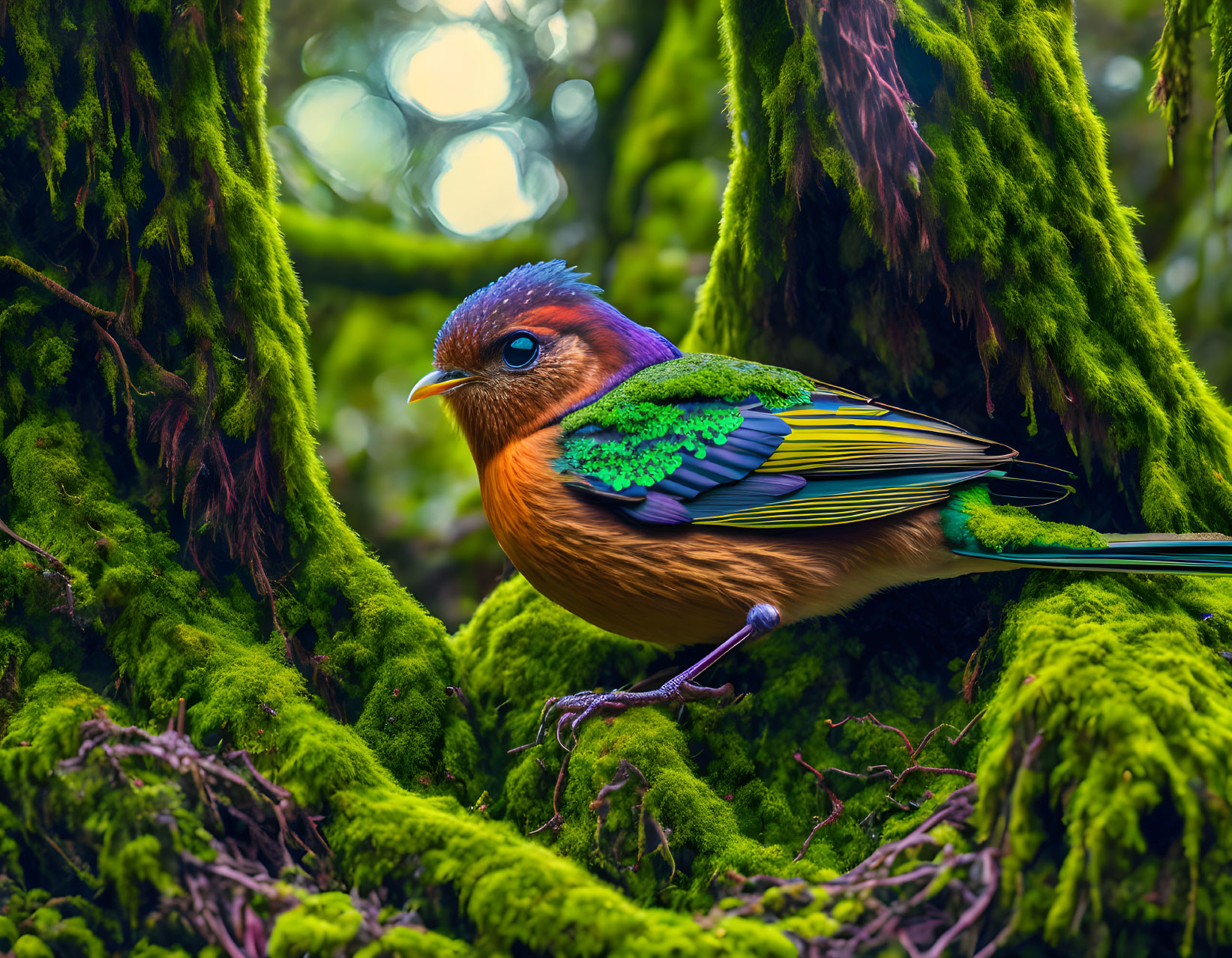 Colorful Bird Perched on Mossy Branches in Lush Forest