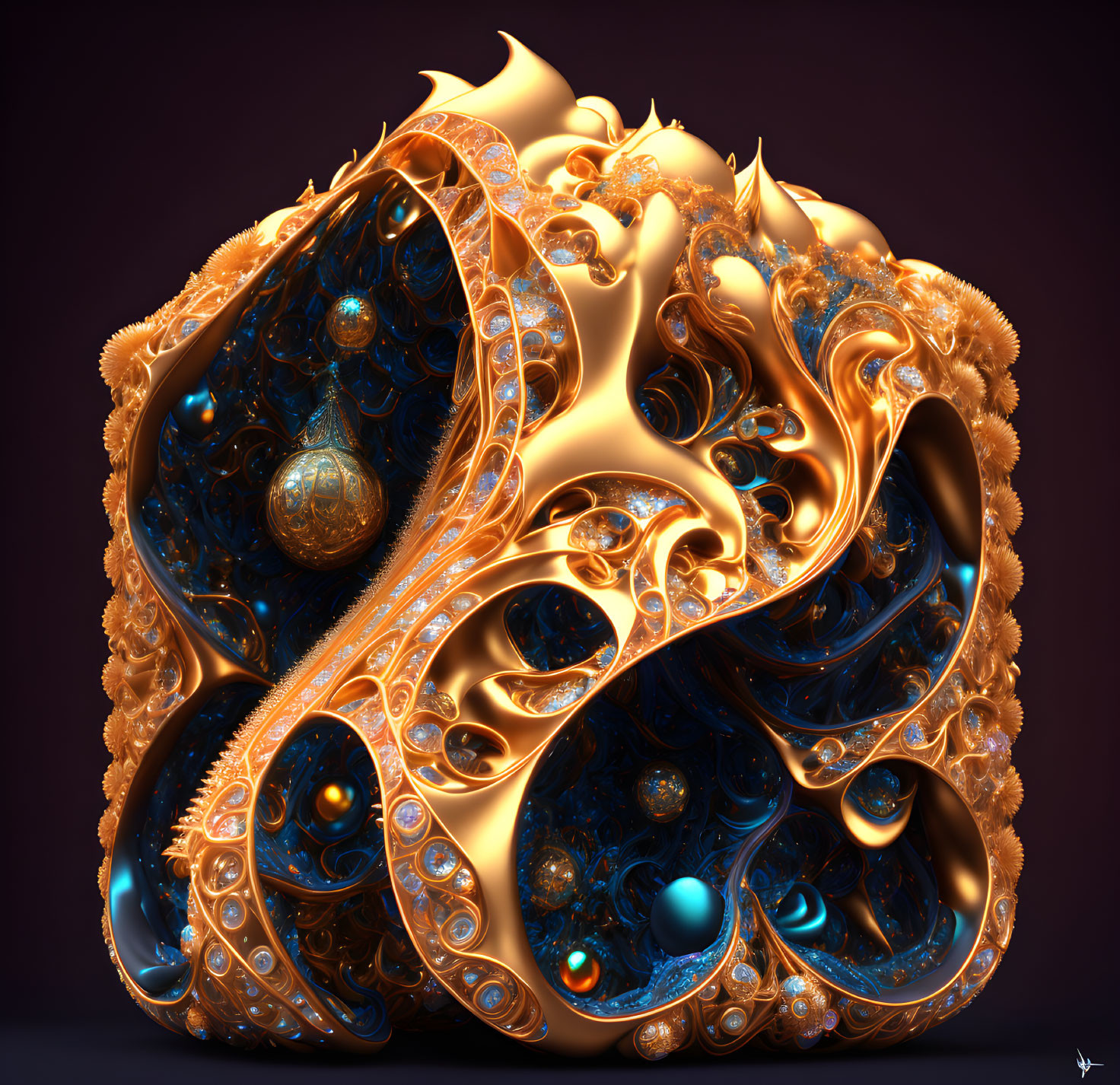 Intricate 3D Fractal Rendering: Golden Swirls and Blue Spheroids on