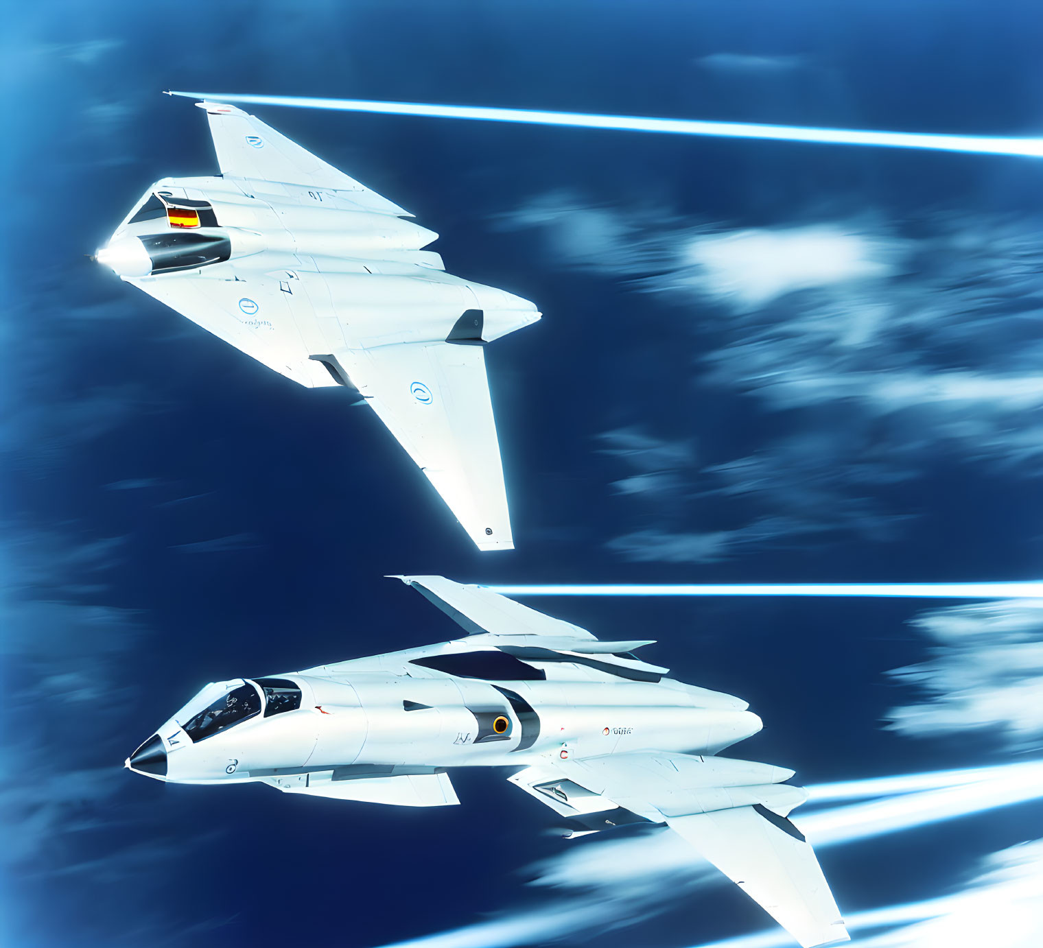 Futuristic fighter jets with contrails in blue sky