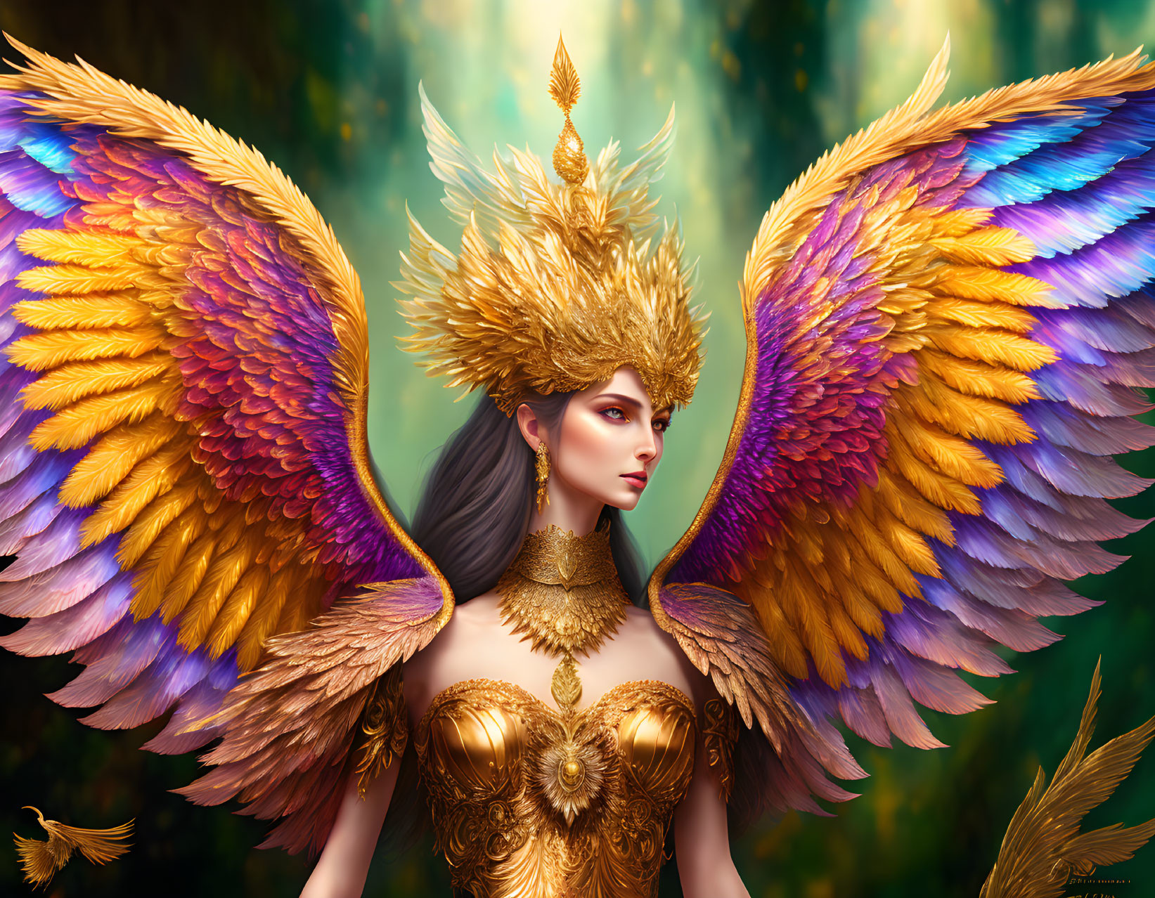 Multicolored winged female figure in golden armor and headdress