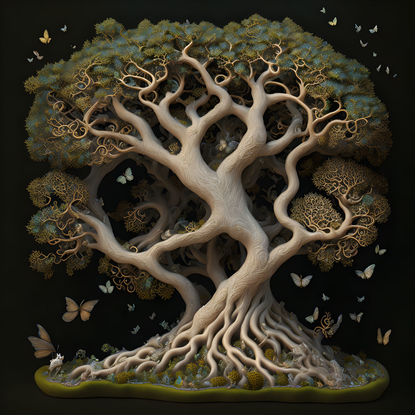 Surreal tree with intricate branches and butterflies on dark background