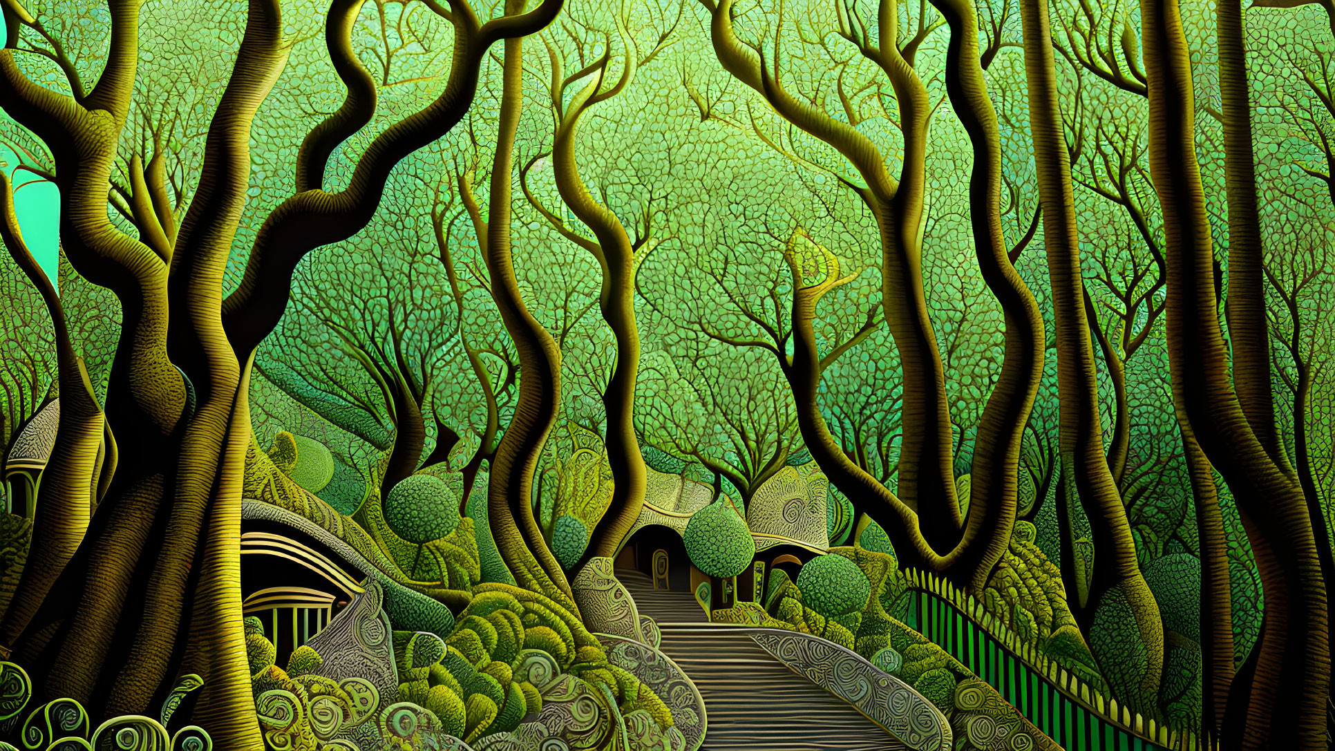 Mysterious forest artwork with twisted trees, dense foliage, hidden house, and pathway