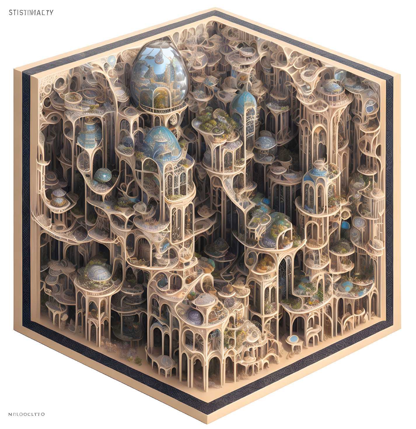 Detailed 3D isometric illustration of fantastical architecture with domes, arches, and biod