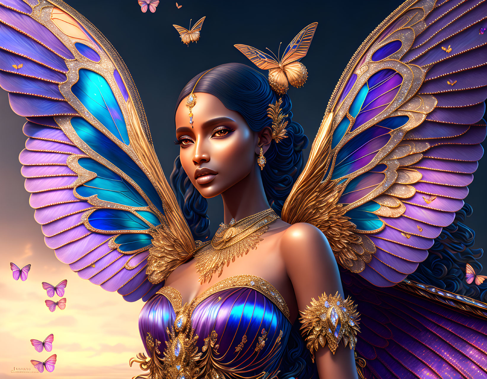 Illustrated Woman with Blue Butterfly Wings and Gold Jewelry surrounded by Butterflies in Twilight Sky