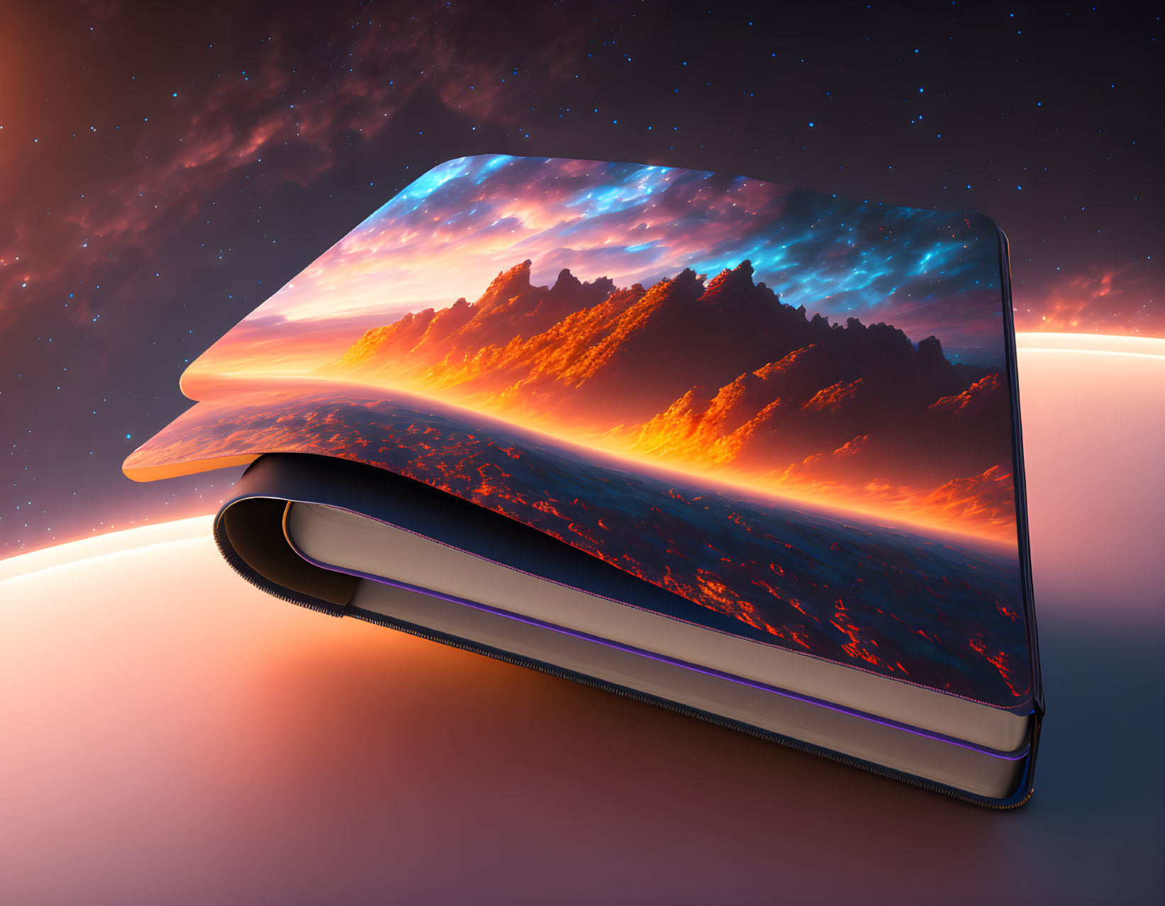 Surreal open book with pages turning into mountain range at sunset