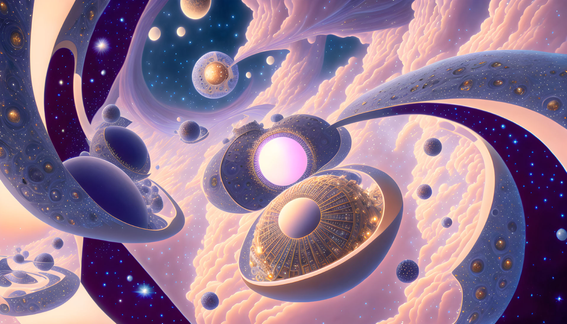 Surreal cosmic landscape with floating orbs and celestial bodies