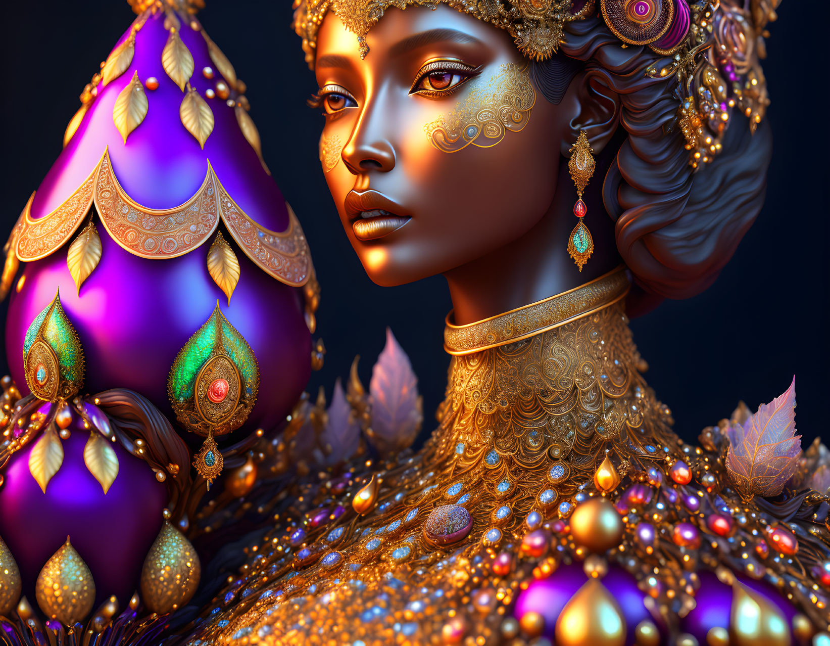 Detailed digital artwork: Woman with gold jewelry and ornate patterns, featuring vibrant egg-shaped object