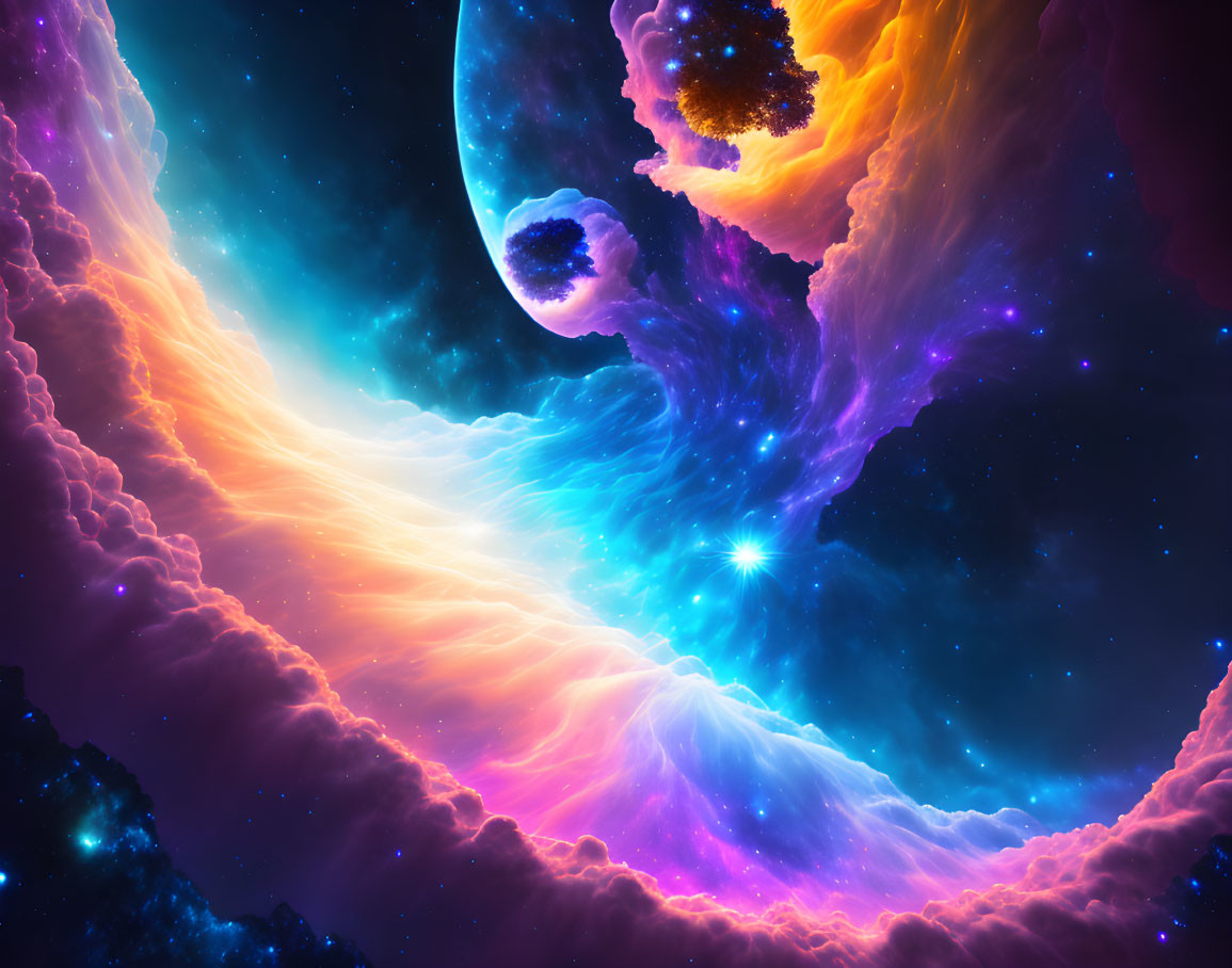 Colorful cosmic scene with celestial bodies and stars in swirling neon colors.