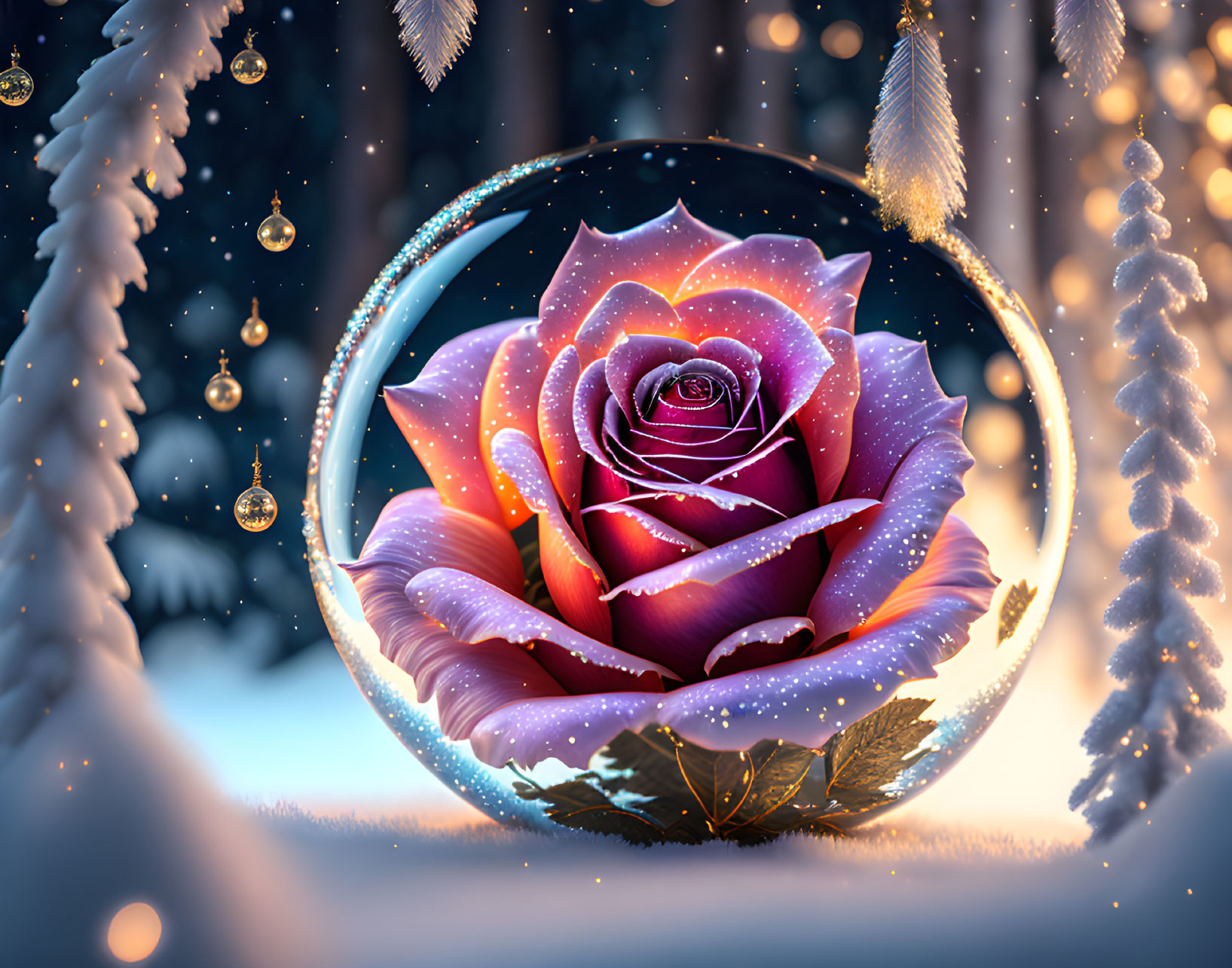 Pink rose in bubble amidst snowy scene with festive ornaments.