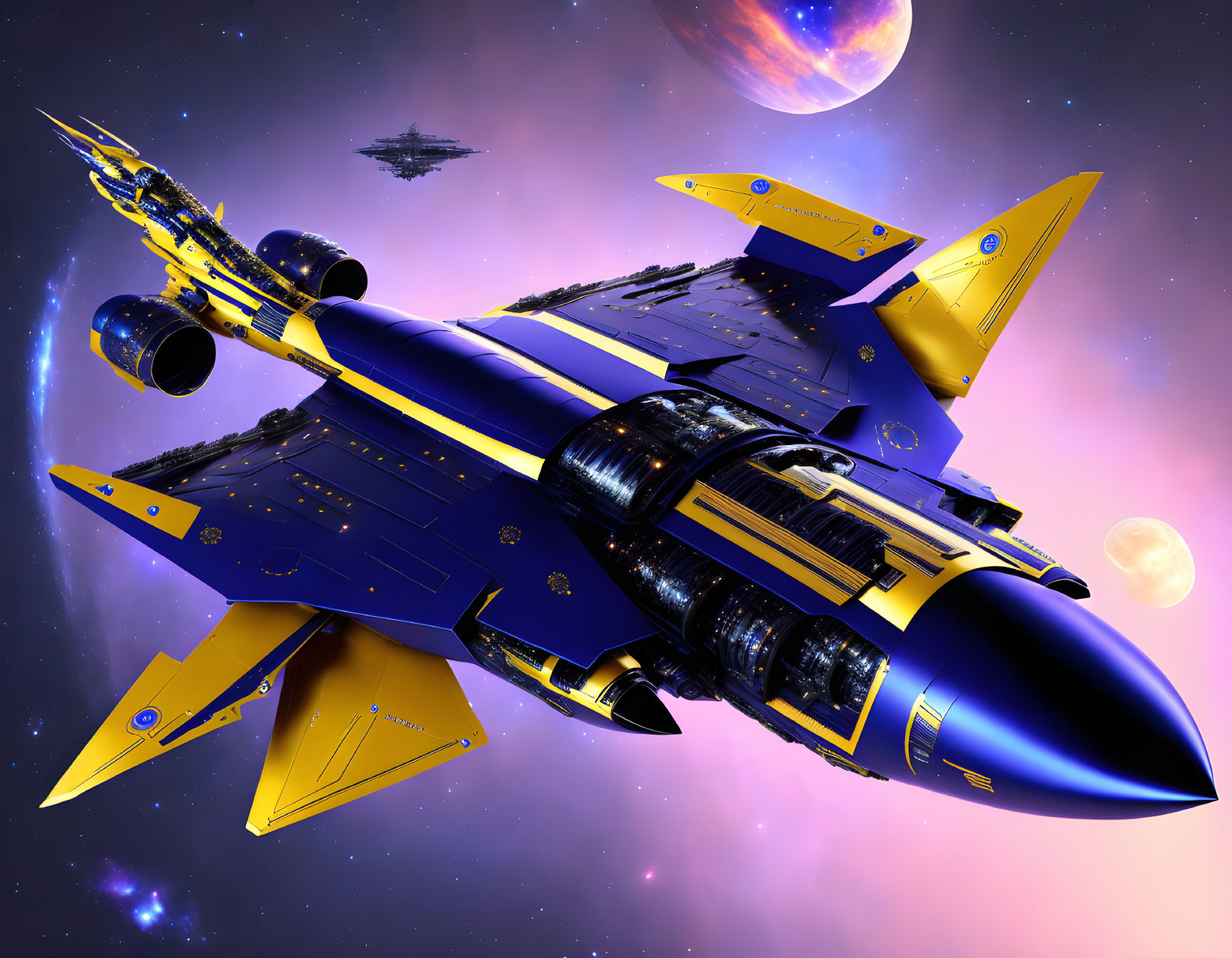 Futuristic yellow and blue spaceship in space with planets and stars