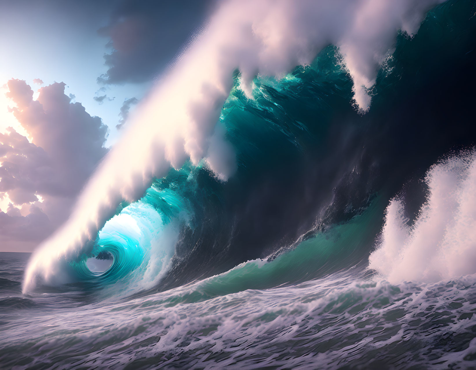 Towering Wave Curling into Perfect Tube with Sunlight and Dramatic Sky