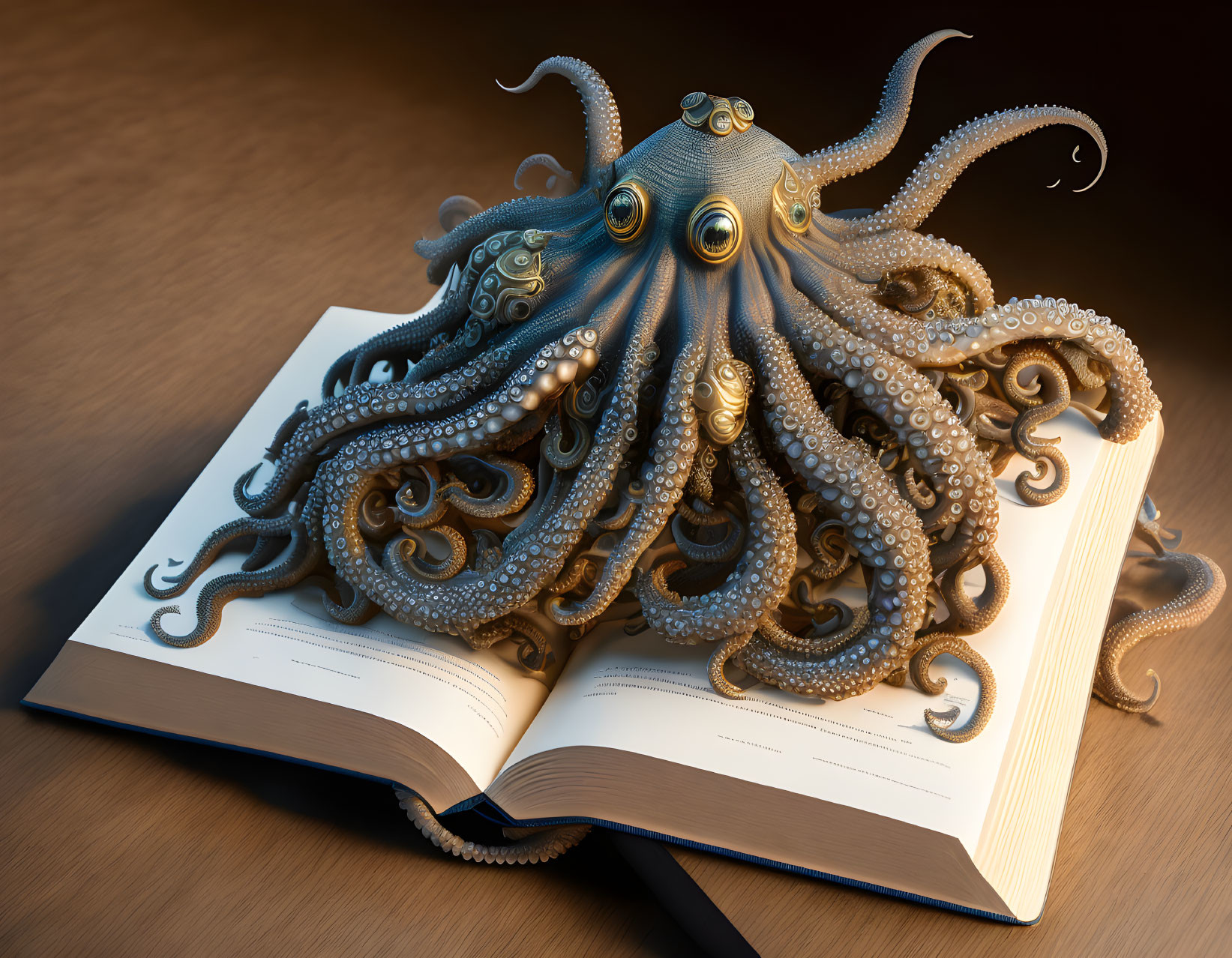 Hyperrealistic Octopus Illustration Sprawling from Open Book