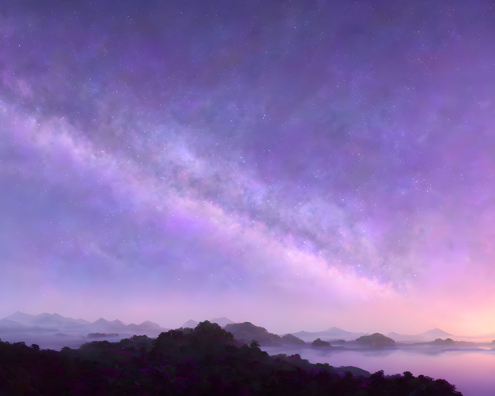 Twilight landscape with starry sky, Milky Way, misty mountains, and mystical purple hue