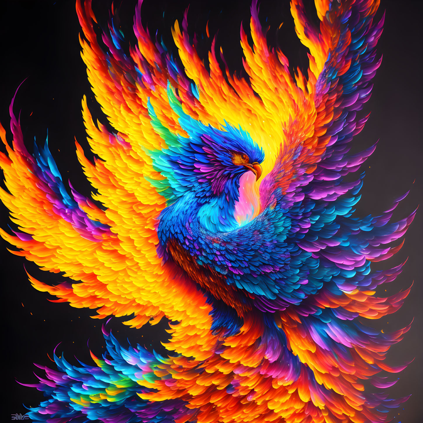 Colorful Phoenix Flying with Fiery Feathers in Blue, Orange, Yellow