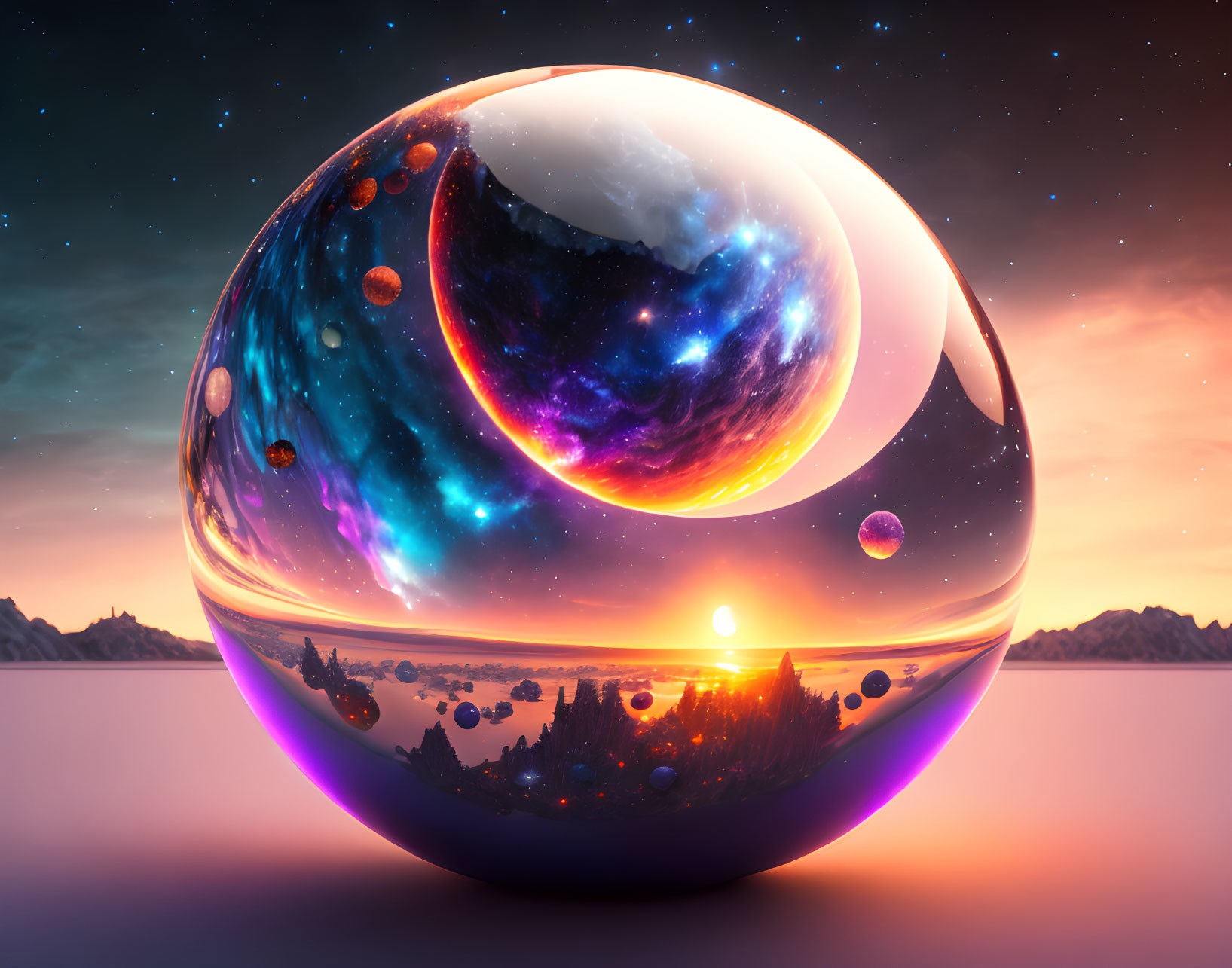 Multicolored sphere reflecting cosmic and landscape scenes