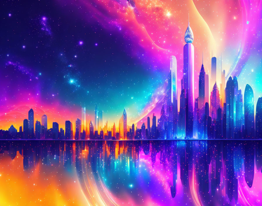 Futuristic city skyline with neon colors and starry sky over tranquil water.